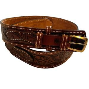 Nocona Brown Tooled Leather Belt Mens Size 30 Western Leaf Design